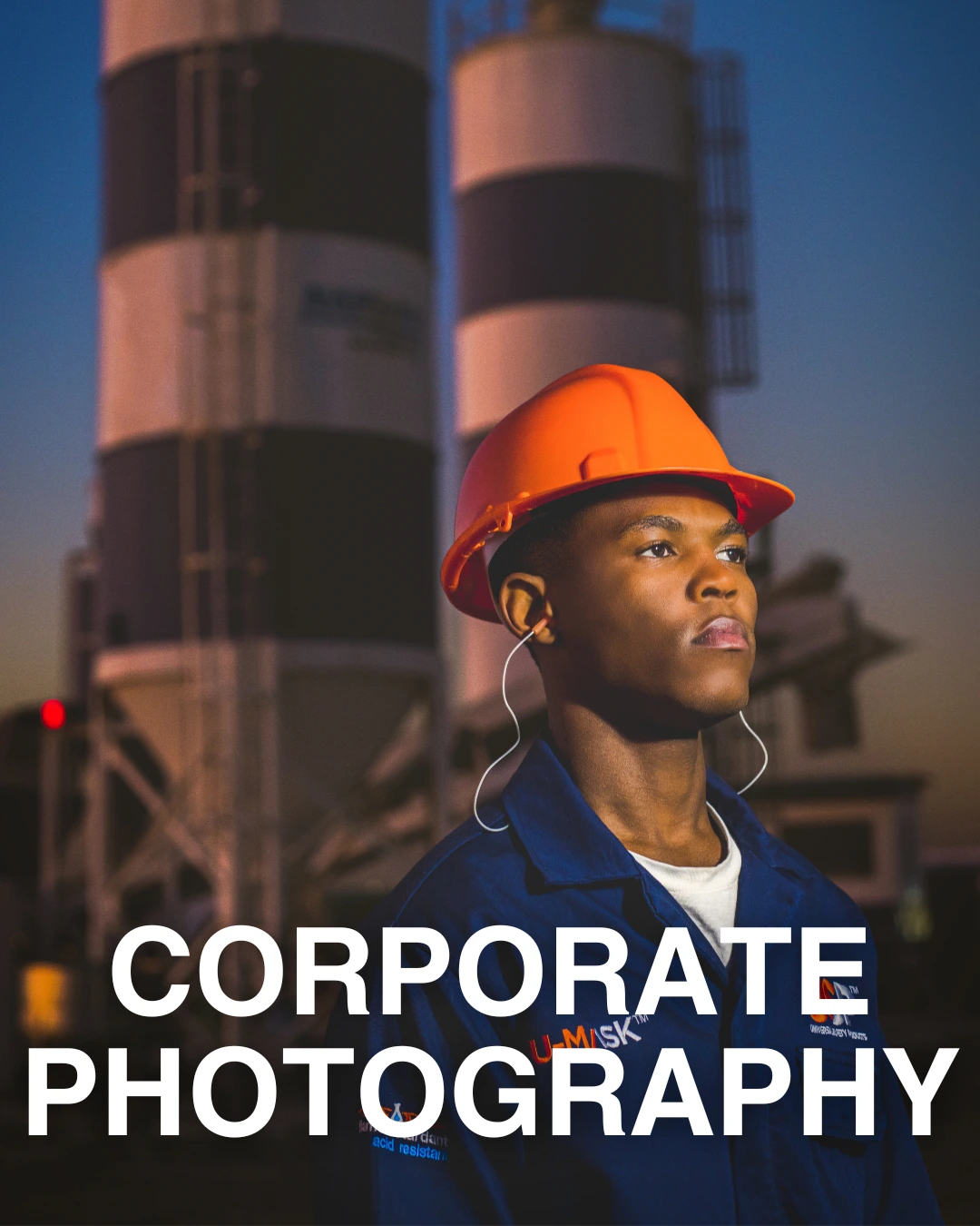 A subject in overalls and a helmet on a construction site captured as part of the commercial photography services offered by The Chalk Factory.